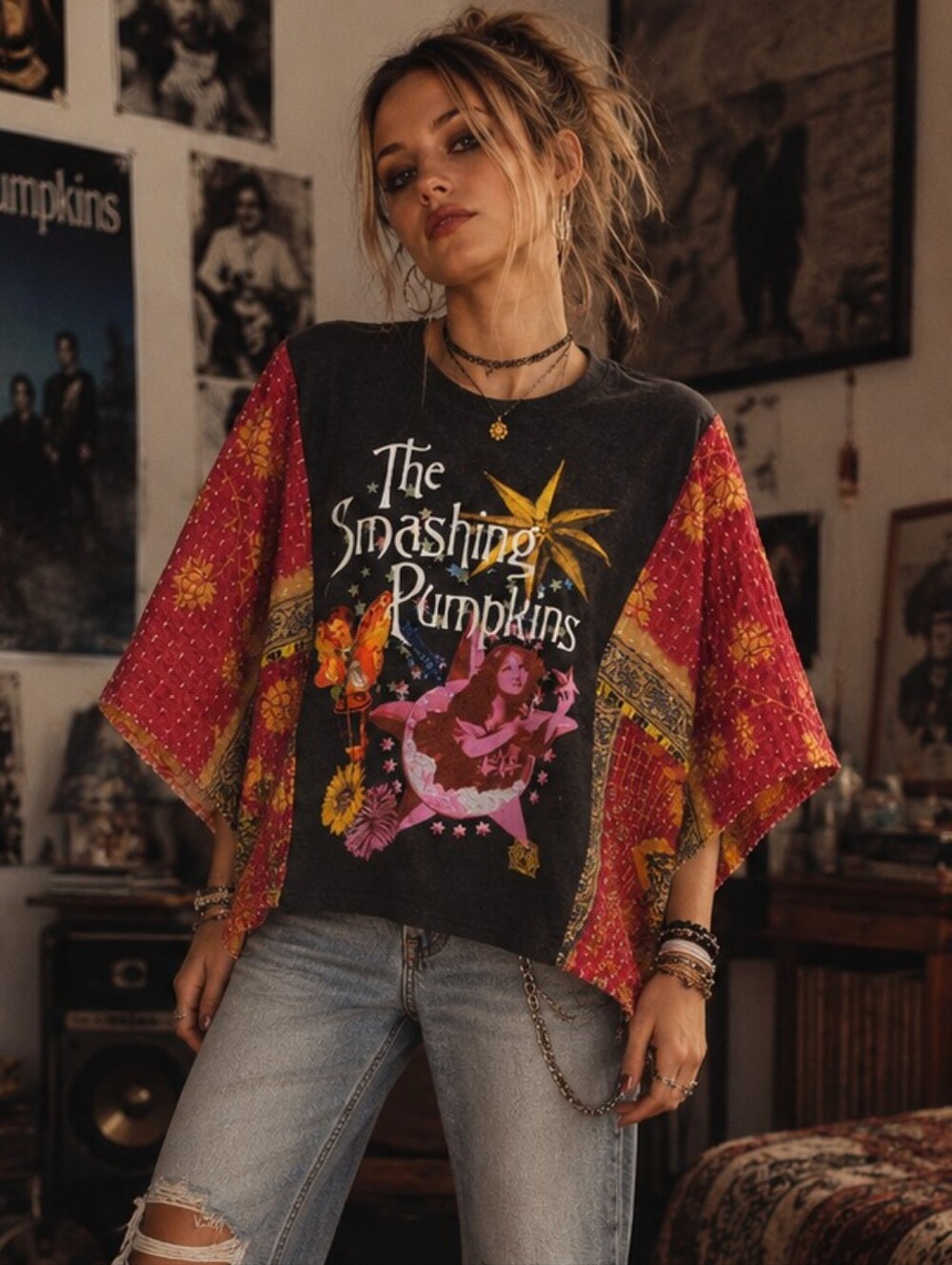 Upcycled The Smashing Pumpkins Band Tee With Kantha Sleeves, OS